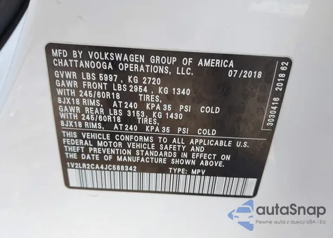 2018 Volkswagen Atlas 3.6L V6 Se/3.6L V6 Se W/Technology from USA, damaged, VIN 1V2LR2CA4JC588342